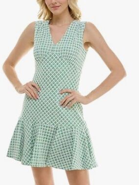 Taylor Mint Geometric V-Neck Fit & Flare Dress